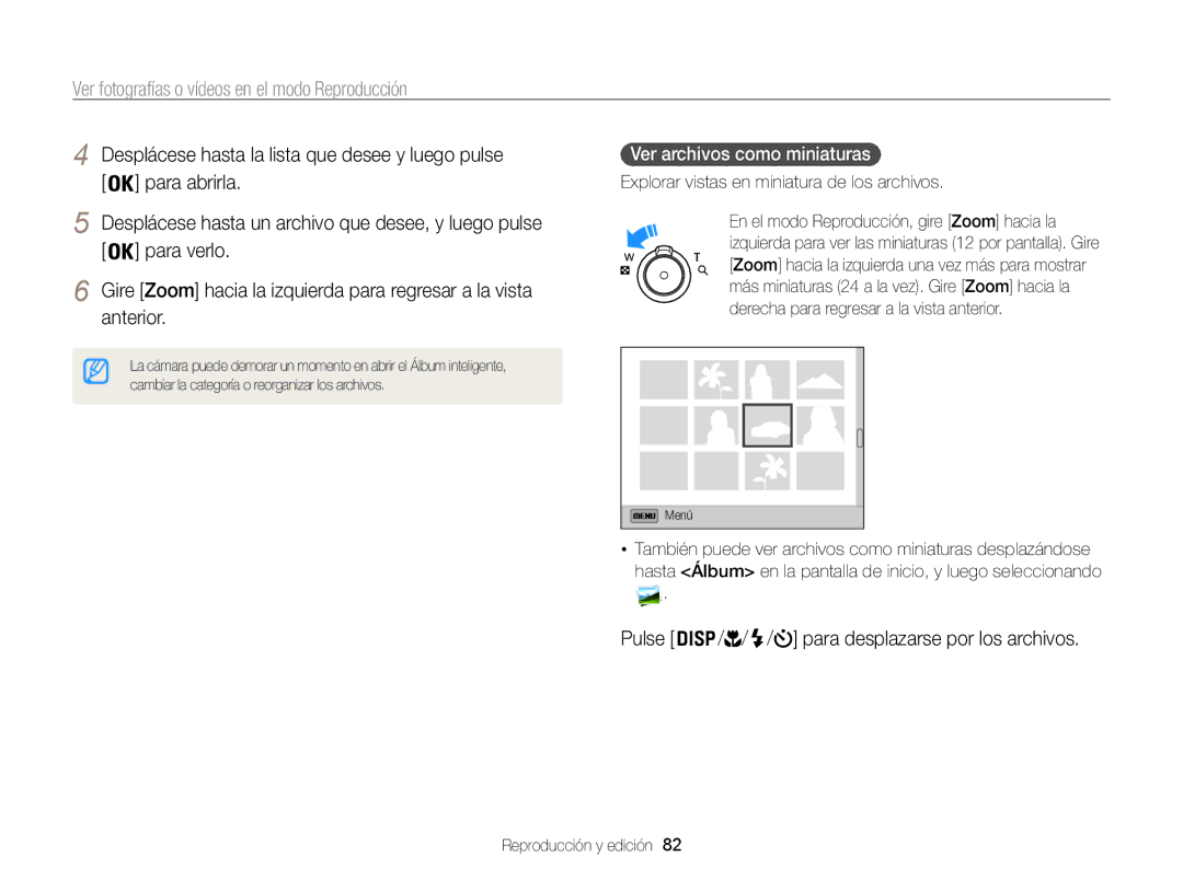 Samsung EC-ST200FBPRE1 Para abrirla, Para verlo, Pulse Para desplazarse por los archivos, Ver archivos como miniaturas 