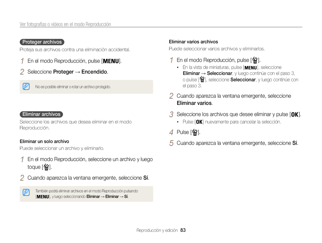 Samsung EC-ST200FBPBE1 manual En el modo Reproducción, pulse, Eliminar varios, Eliminar archivos, Pulse, Proteger archivos 