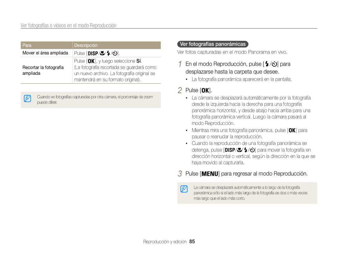 Samsung EC-ST200FBPWE1 manual Pulse para regresar al modo Reproducción, Ver fotografías panorámicas, Para Descripción 