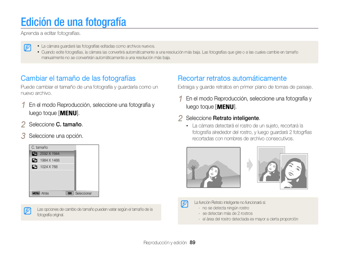 Samsung EC-ST200ZBPLE1 Edición de una fotografía, Cambiar el tamaño de las fotografías, Recortar retratos automáticamente 