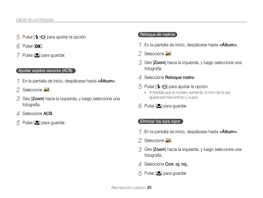Samsung EC-ST200FBPRE1 manual Pulse Para ajustar la opción Para guardar, Fotografía Seleccione ACB Pulse Para guardar 