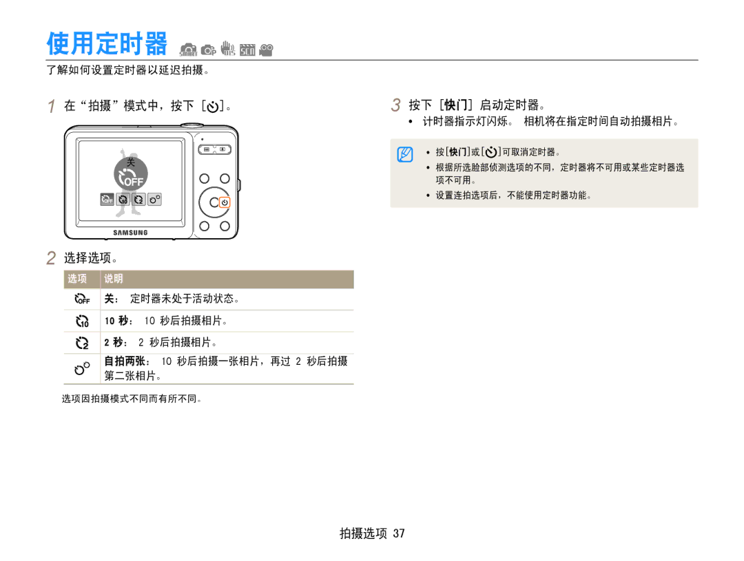 Samsung EC-ST30ZZBPSE3, EC-ST30ZZBPBE1, EC-ST30ZZBPPE3, EC-ST30ZZBPLE3, EC-ST30ZZBPBE3 使用定时器, 在拍摄模式中，按下 。 按下 快门 启动定时器。, 选择选项。 