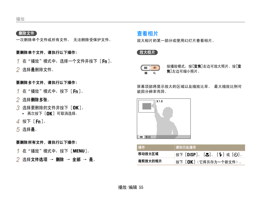 Samsung EC-ST30ZZBPBE2, EC-ST30ZZBPBE1 查看相片, 在播放模式中，选择一个文件并按下 。 选择是删除文件。, 在播放模式中，按下 。 选择删除多张。 选择要删除的文件并按下 。, 按下 。 选择是。 