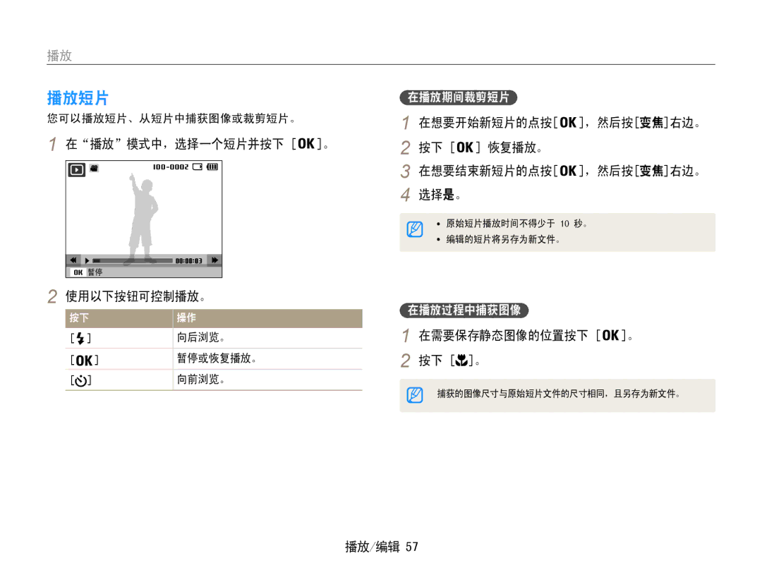 Samsung EC-ST30ZZBPRE2, EC-ST30ZZBPBE1 播放短片, 在播放模式中，选择一个短片并按下 。, 在想要开始新短片的点按 ，然后按变焦右边。 恢复播放。 在想要结束新短片的点按, 使用以下按钮可控制播放。 