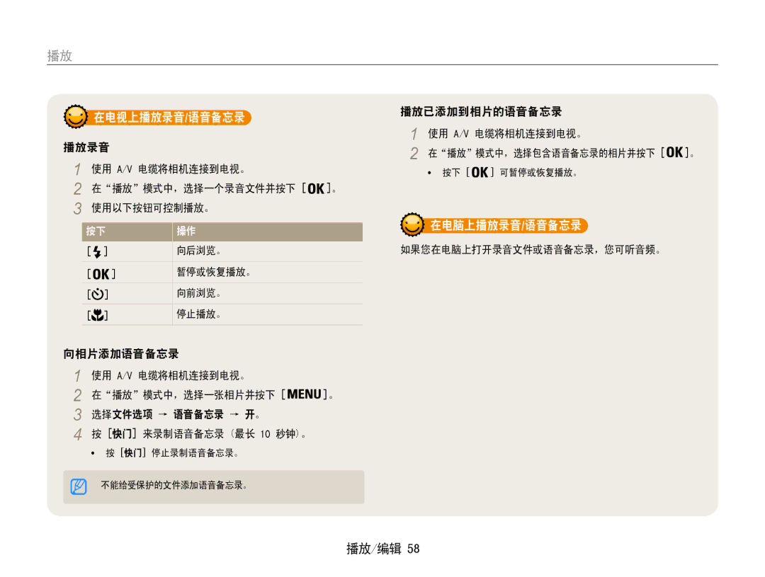 Samsung EC-ST30ZZBPSE2, EC-ST30ZZBPBE1, EC-ST30ZZBPPE3, EC-ST30ZZBPSE3, EC-ST30ZZBPLE3 manual 在电视上播放录音/语音备忘录, 在电脑上播放录音/语音备忘录 