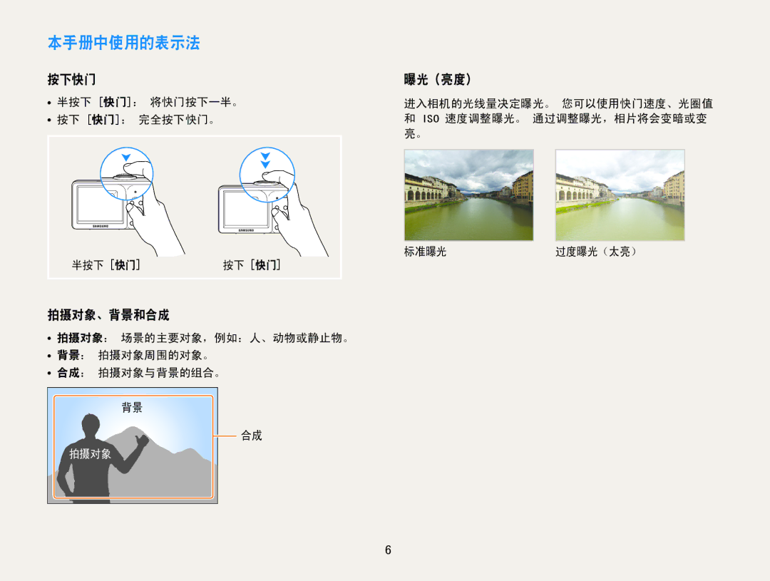 Samsung EC-ST30ZZBPPE2, EC-ST30ZZBPBE1, EC-ST30ZZBPPE3, EC-ST30ZZBPSE3, EC-ST30ZZBPLE3 本手册中使用的表示法, 按下快门, 拍摄对象、背景和合成, 曝光（亮度） 