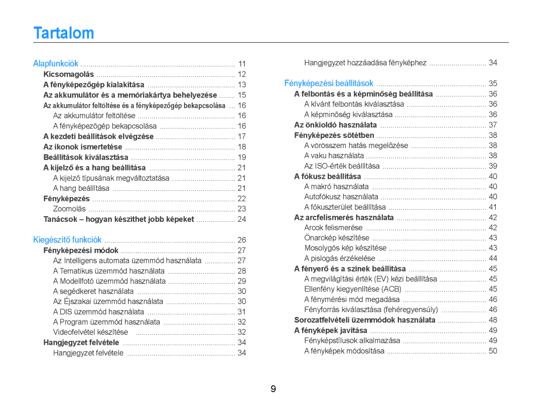 Samsung EC-ST30ZZBPRE2, EC-ST30ZZBPBE1, EC-ST30ZZBPPE3, EC-ST30ZZBPSE3 manual Tartalom, Tanácsok hogyan készíthet jobb képeket 