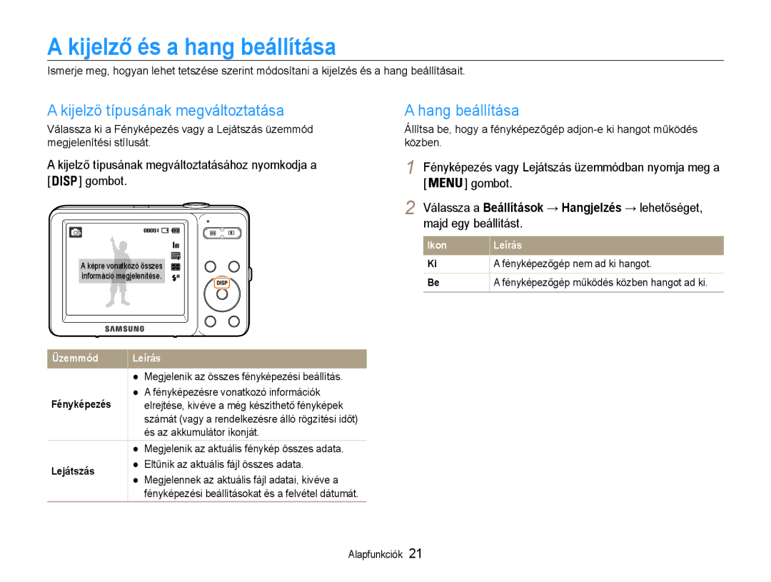 Samsung EC-ST30ZZBPRE2, EC-ST30ZZBPBE1 Kijelző és a hang beállítása, Kijelző típusának megváltoztatása, Hang beállítása 