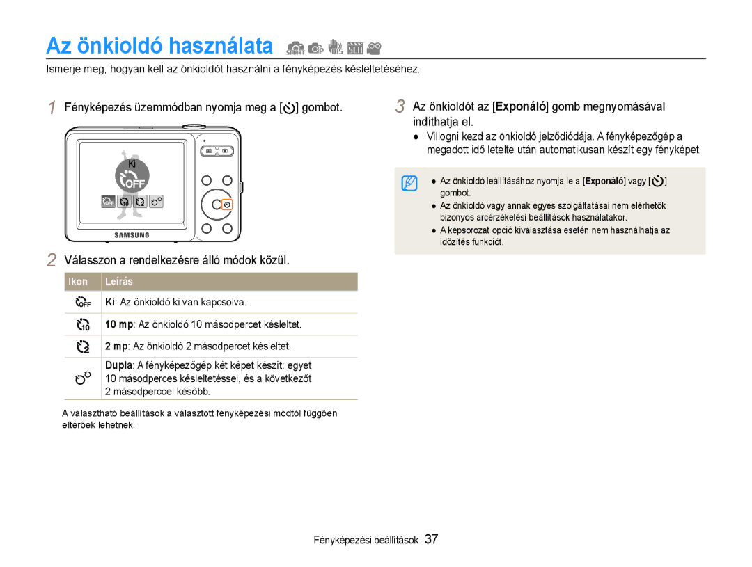 Samsung EC-ST30ZZBPSE3, EC-ST30ZZBPBE1, EC-ST30ZZBPPE3, EC-ST30ZZBPLE3, EC-ST30ZZBPBE3, EC-ST30ZZBPEE3 Az önkioldó használata 