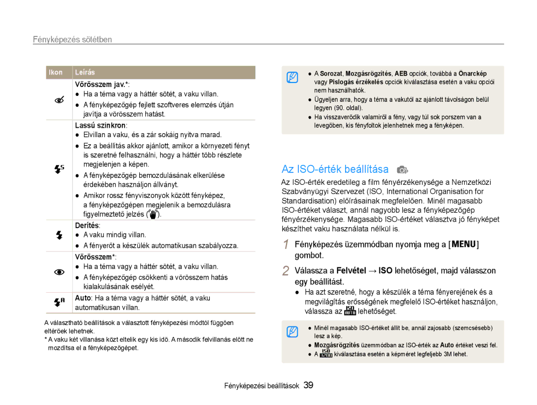 Samsung EC-ST30ZZBPBE3, EC-ST30ZZBPBE1, EC-ST30ZZBPPE3 manual Az ISO-érték beállítása, Vörösszem jav, Lassú szinkron, Derítés 