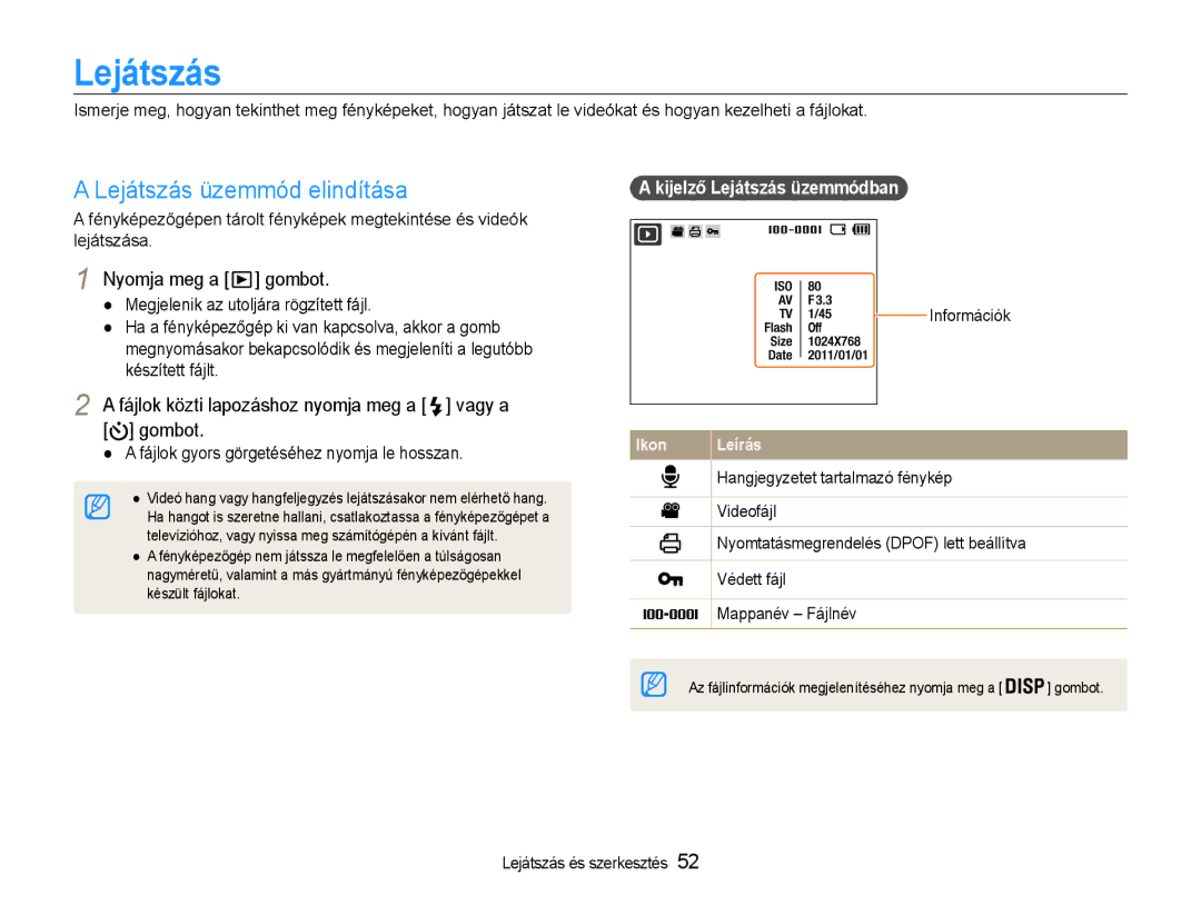 Samsung EC-ST30ZZBPEE3, EC-ST30ZZBPBE1, EC-ST30ZZBPPE3 manual Lejátszás üzemmód elindítása, Kijelző Lejátszás üzemmódban 