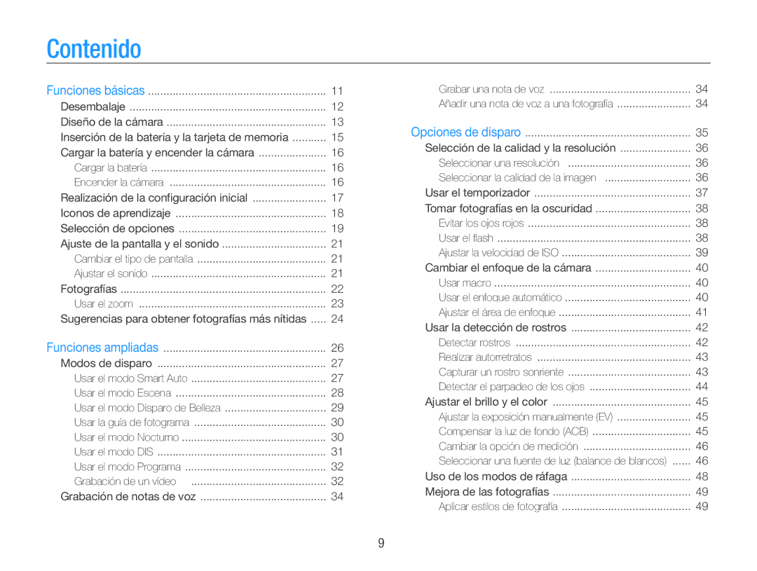 Samsung EC-ST30ZZBPLE1, EC-ST30ZZBPEE1, EC-ST30ZZBPPE1, EC-ST30ZZBPBE1 manual Contenido 