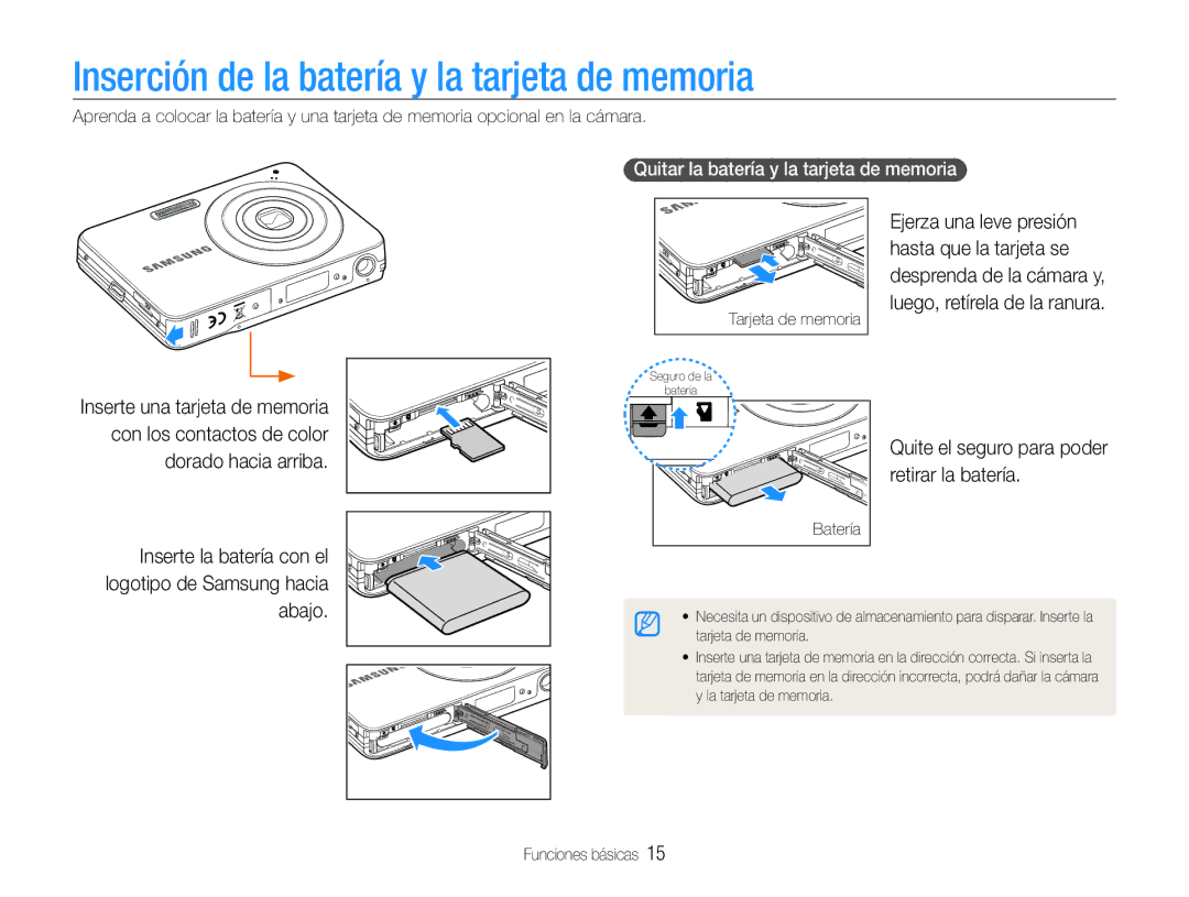 Samsung EC-ST30ZZBPEE1, EC-ST30ZZBPPE1, EC-ST30ZZBPLE1 Inserción de la batería y la tarjeta de memoria, Retirar la batería 