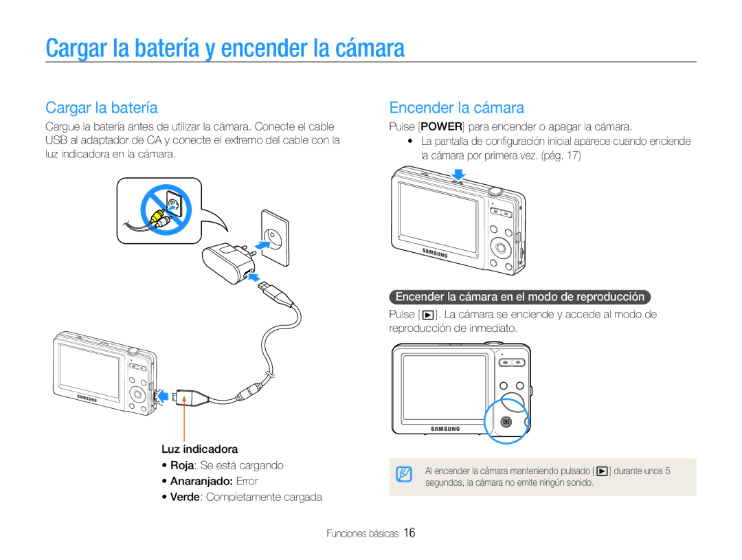 Samsung EC-ST30ZZBPPE1 manual Cargar la batería y encender la cámara, Encender la cámara en el modo de reproducción 