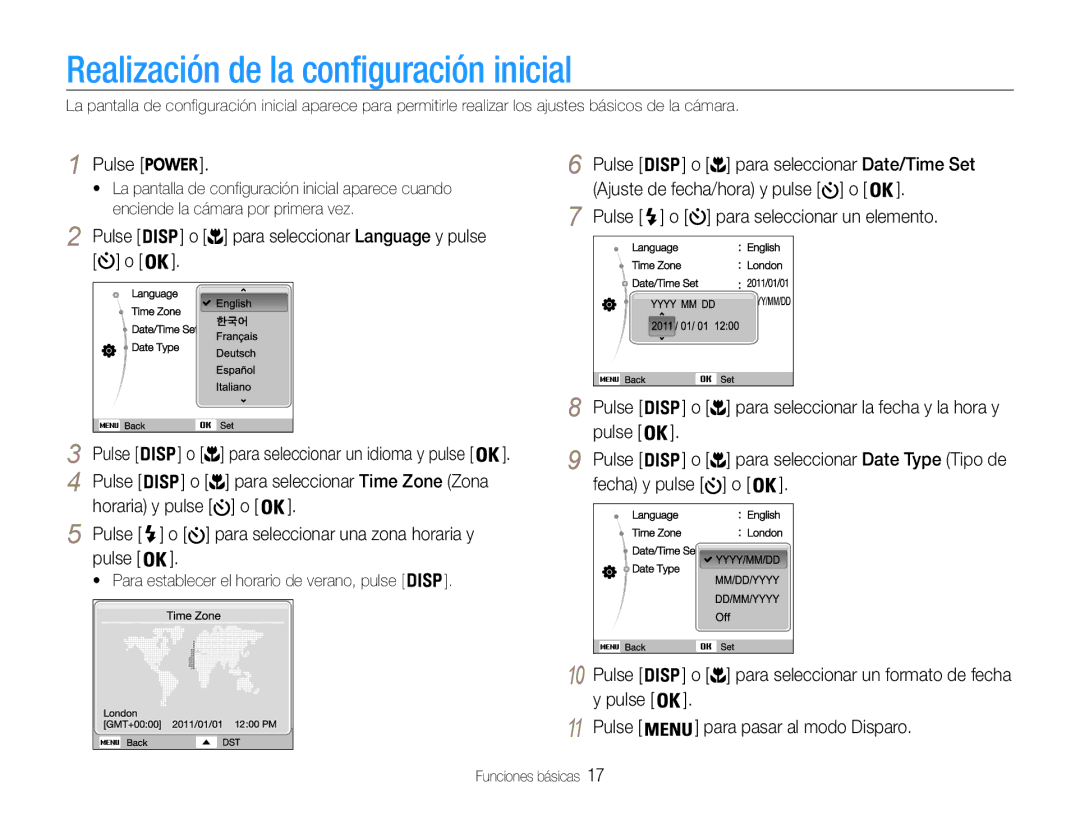 Samsung EC-ST30ZZBPLE1, EC-ST30ZZBPEE1 Realización de la configuración inicial, Pulse Para seleccionar Date/Time Set 