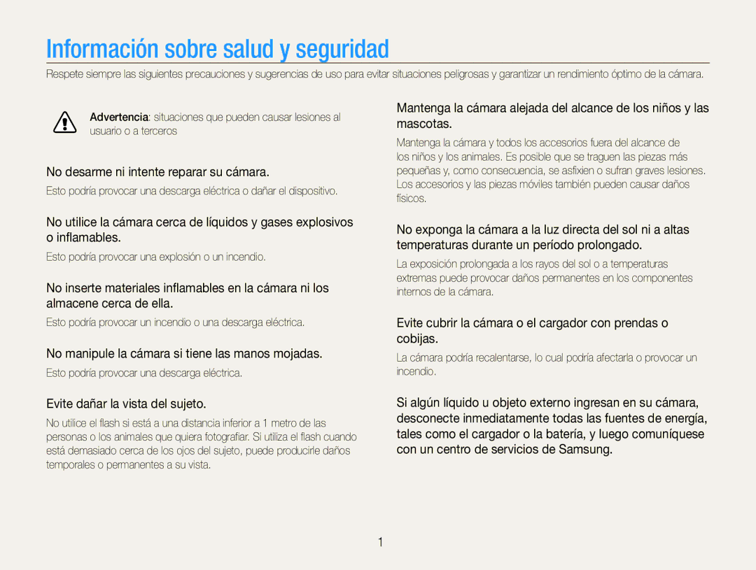 Samsung EC-ST30ZZBPLE1, EC-ST30ZZBPEE1 manual Información sobre salud y seguridad, No desarme ni intente reparar su cámara 