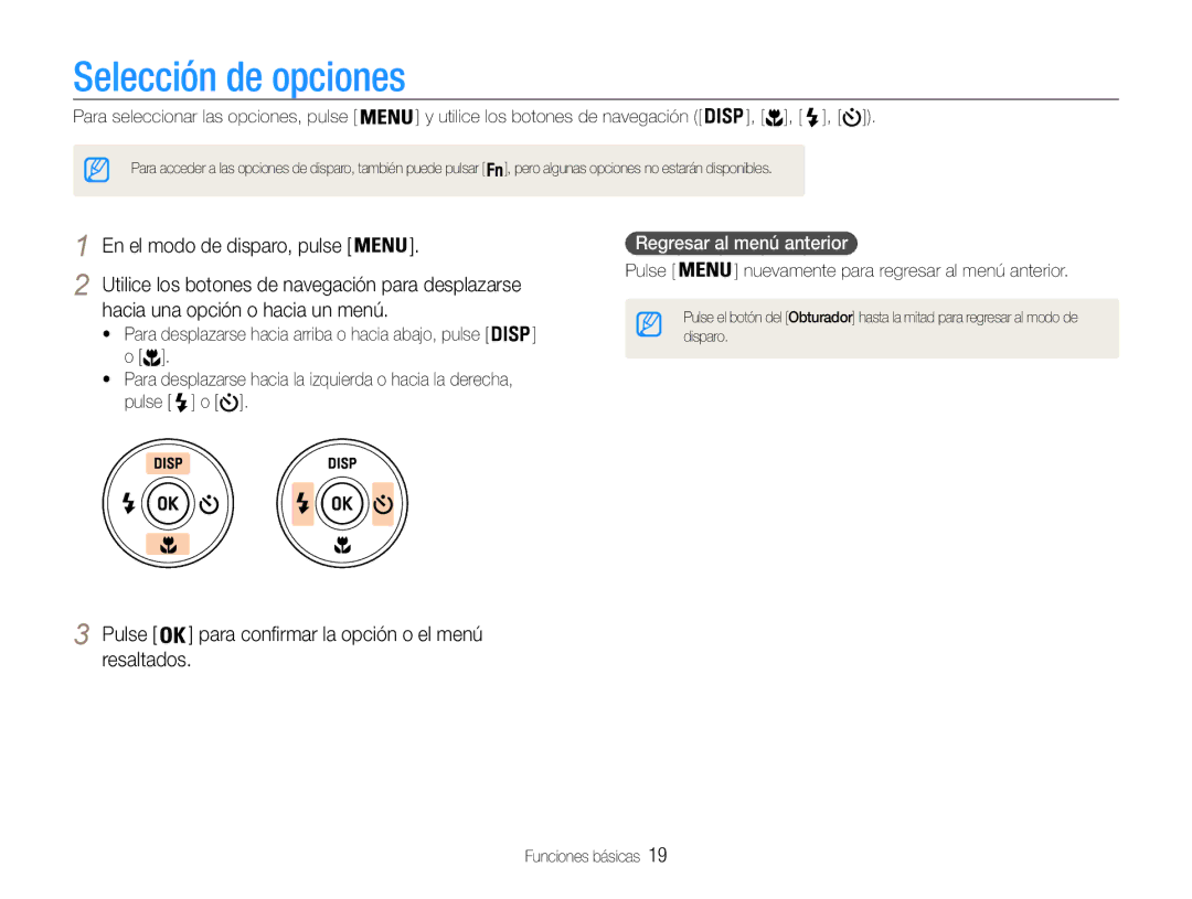 Samsung EC-ST30ZZBPEE1, EC-ST30ZZBPPE1 manual Selección de opciones, En el modo de disparo, pulse, Regresar al menú anterior 