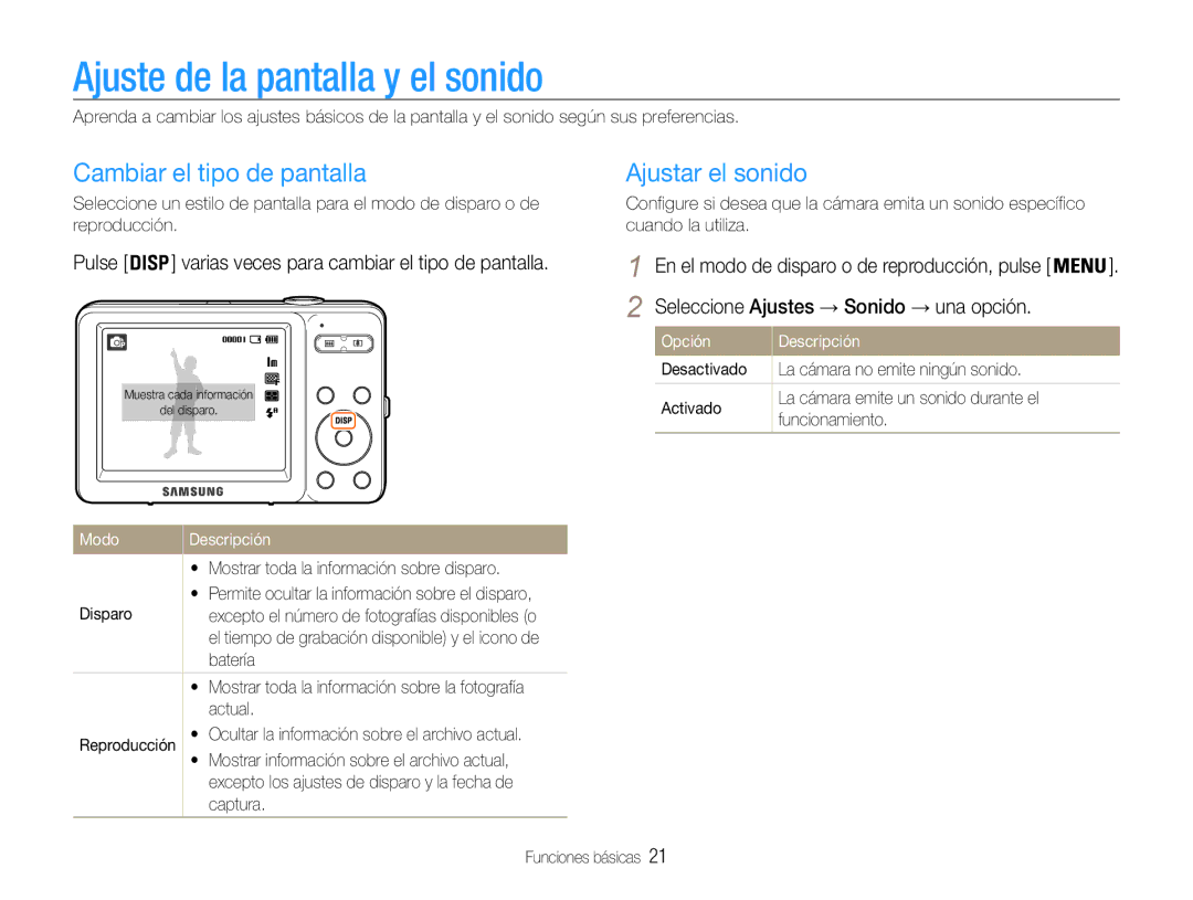 Samsung EC-ST30ZZBPLE1, EC-ST30ZZBPEE1 Ajuste de la pantalla y el sonido, Cambiar el tipo de pantalla, Ajustar el sonido 