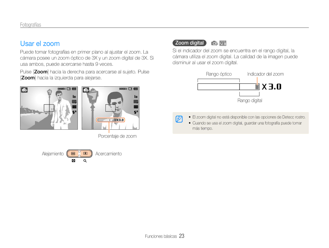 Samsung EC-ST30ZZBPEE1, EC-ST30ZZBPPE1, EC-ST30ZZBPLE1 manual Usar el zoom, Fotografías, Zoom digital, Rango digital 