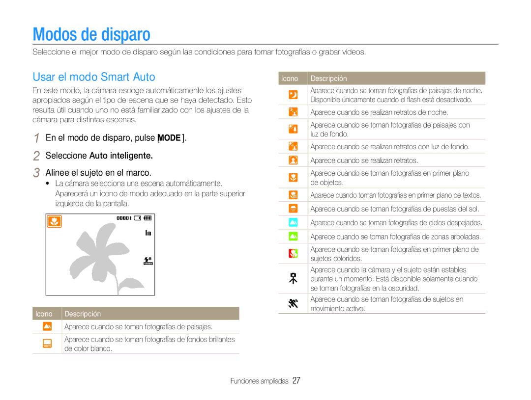 Samsung EC-ST30ZZBPEE1 Modos de disparo, Usar el modo Smart Auto, Seleccione Auto inteligente Alinee el sujeto en el marco 