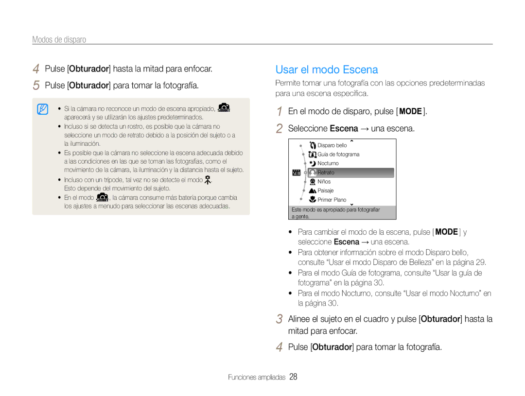 Samsung EC-ST30ZZBPPE1, EC-ST30ZZBPEE1 manual Usar el modo Escena, Modos de disparo, Seleccione Escena → una escena 