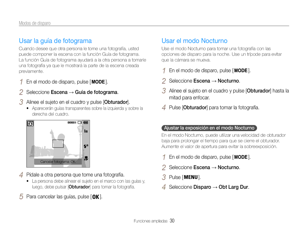 Samsung EC-ST30ZZBPBE1 Usar la guía de fotograma, Usar el modo Nocturno, Pídale a otra persona que tome una fotografía 