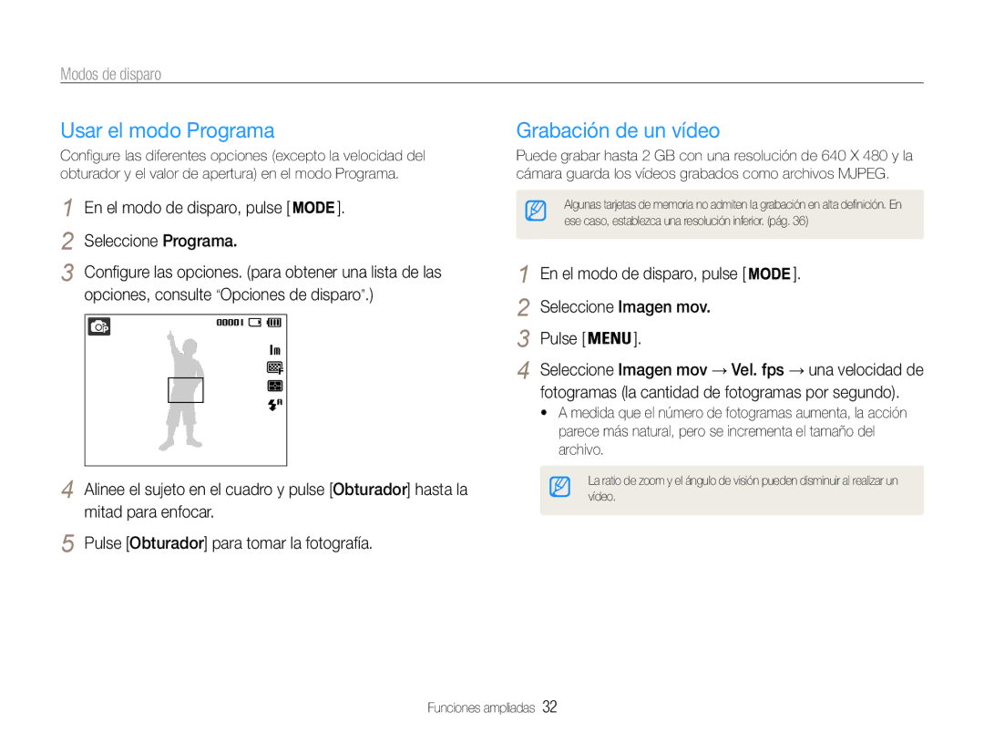 Samsung EC-ST30ZZBPPE1, EC-ST30ZZBPEE1, EC-ST30ZZBPLE1 Usar el modo Programa, Grabación de un vídeo, Seleccione Programa 