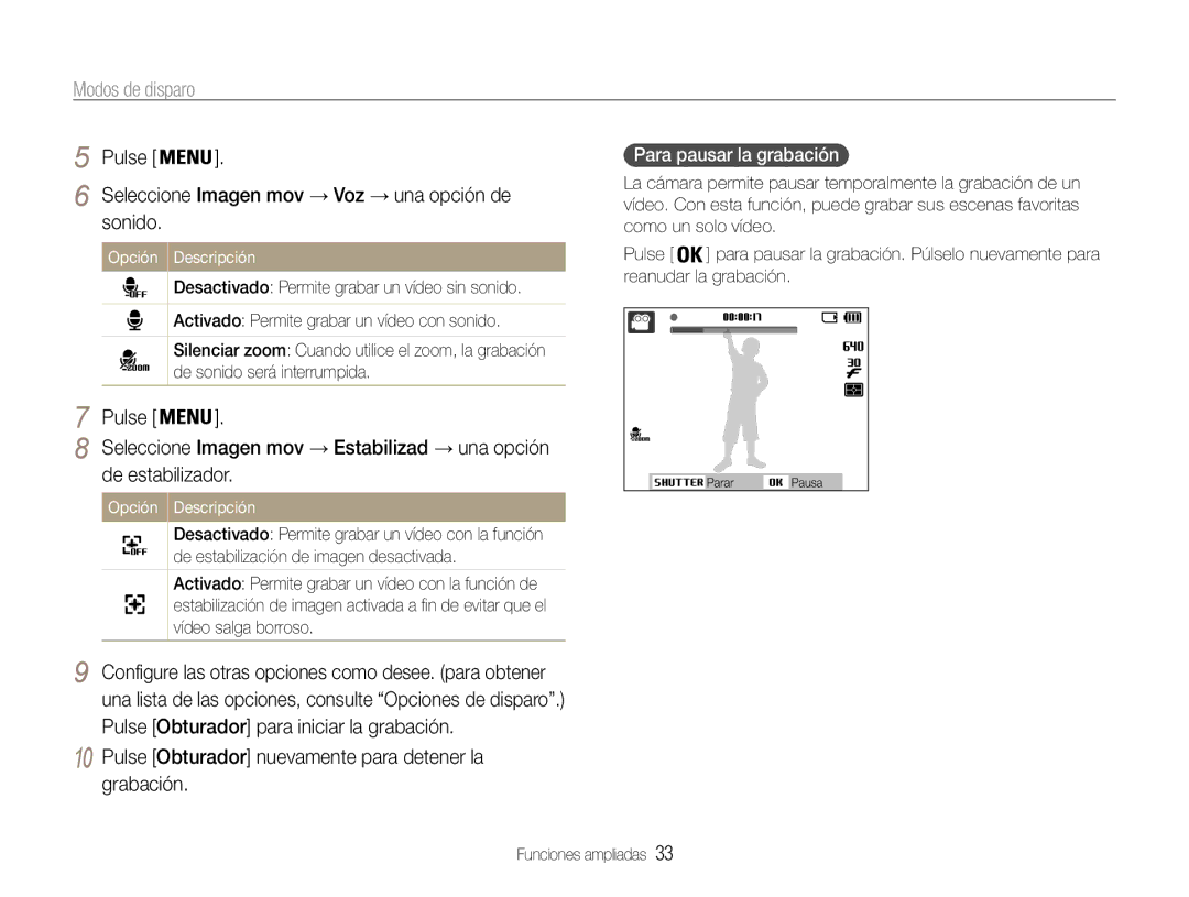 Samsung EC-ST30ZZBPLE1, EC-ST30ZZBPEE1 manual Pulse Seleccione Imagen mov → Voz → una opción de sonido, De estabilizador 