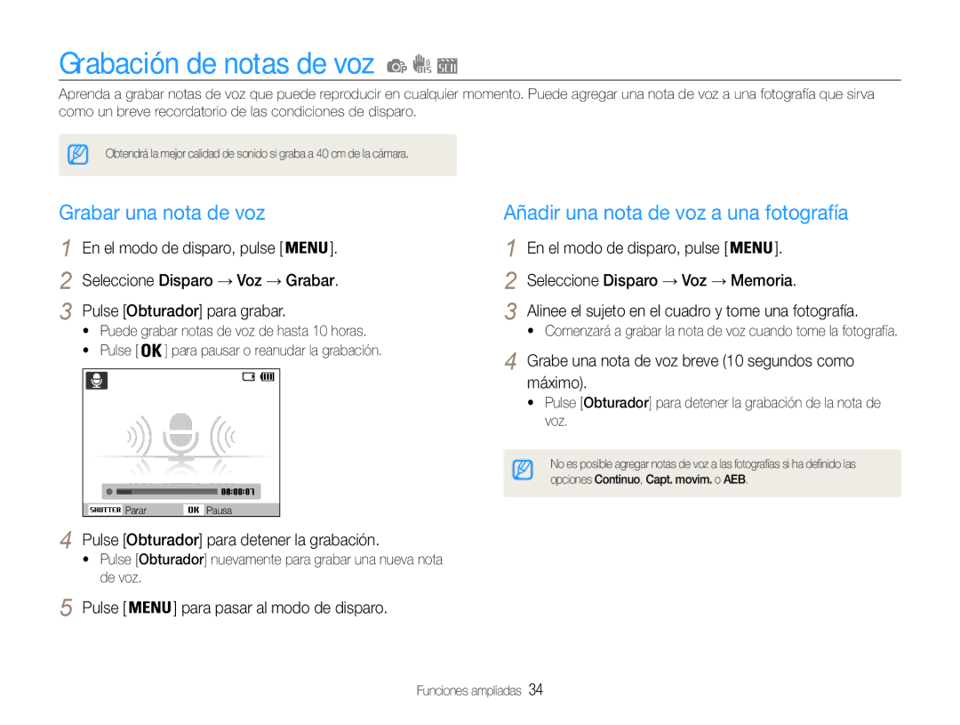 Samsung EC-ST30ZZBPBE1 manual Grabación de notas de voz, Grabar una nota de voz, Añadir una nota de voz a una fotografía 