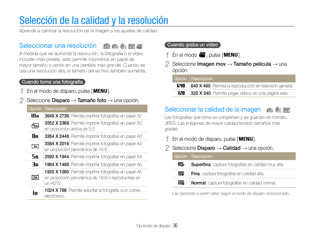 Samsung EC-ST30ZZBPPE1 Selección de la calidad y la resolución, Seleccionar una resolución, En el modo , pulse, Opción 