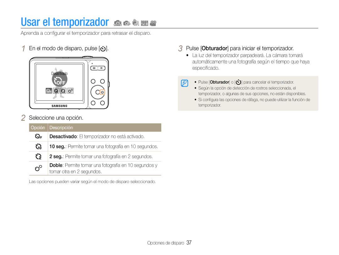 Samsung EC-ST30ZZBPLE1, EC-ST30ZZBPEE1, EC-ST30ZZBPPE1 Usar el temporizador, Pulse Obturador para iniciar el temporizador 