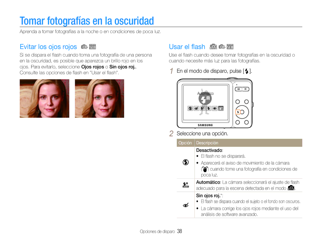 Samsung EC-ST30ZZBPBE1 manual Tomar fotografías en la oscuridad, Evitar los ojos rojos, Usar el flash, Sin ojos roj 