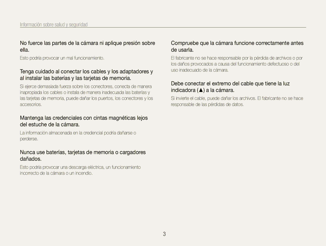 Samsung EC-ST30ZZBPEE1, EC-ST30ZZBPPE1, EC-ST30ZZBPLE1 manual Nunca use baterías, tarjetas de memoria o cargadores dañados 