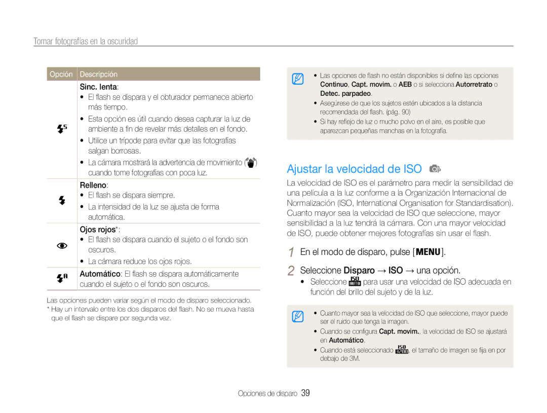 Samsung EC-ST30ZZBPEE1, EC-ST30ZZBPPE1, EC-ST30ZZBPLE1 manual Ajustar la velocidad de ISO, Tomar fotografías en la oscuridad 