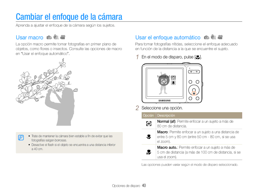 Samsung EC-ST30ZZBPPE1, EC-ST30ZZBPEE1 manual Cambiar el enfoque de la cámara, Usar macro, Usar el enfoque automático 