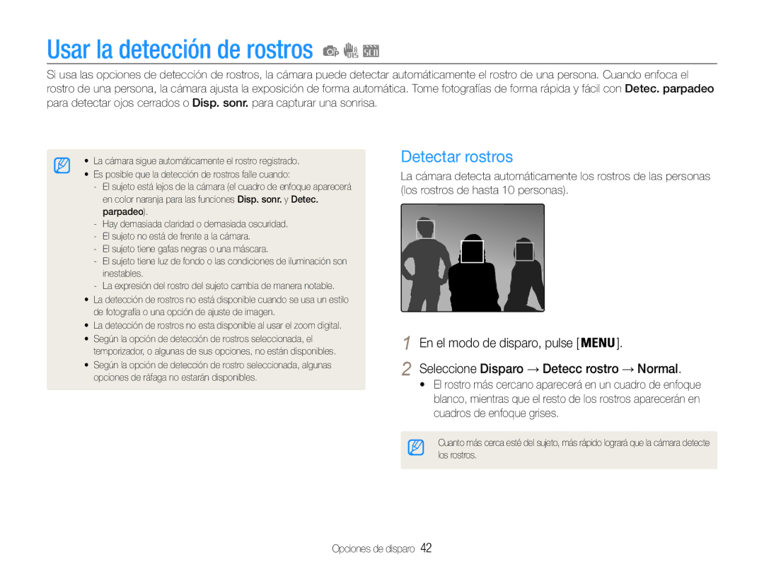 Samsung EC-ST30ZZBPBE1 manual Usar la detección de rostros, Detectar rostros, Seleccione Disparo → Detecc rostro → Normal 