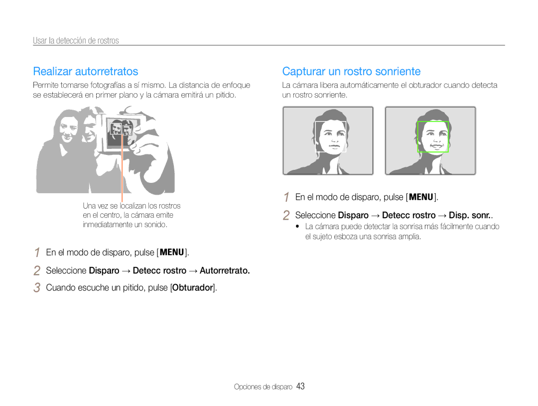 Samsung EC-ST30ZZBPEE1, EC-ST30ZZBPPE1 Realizar autorretratos, Capturar un rostro sonriente, Usar la detección de rostros 