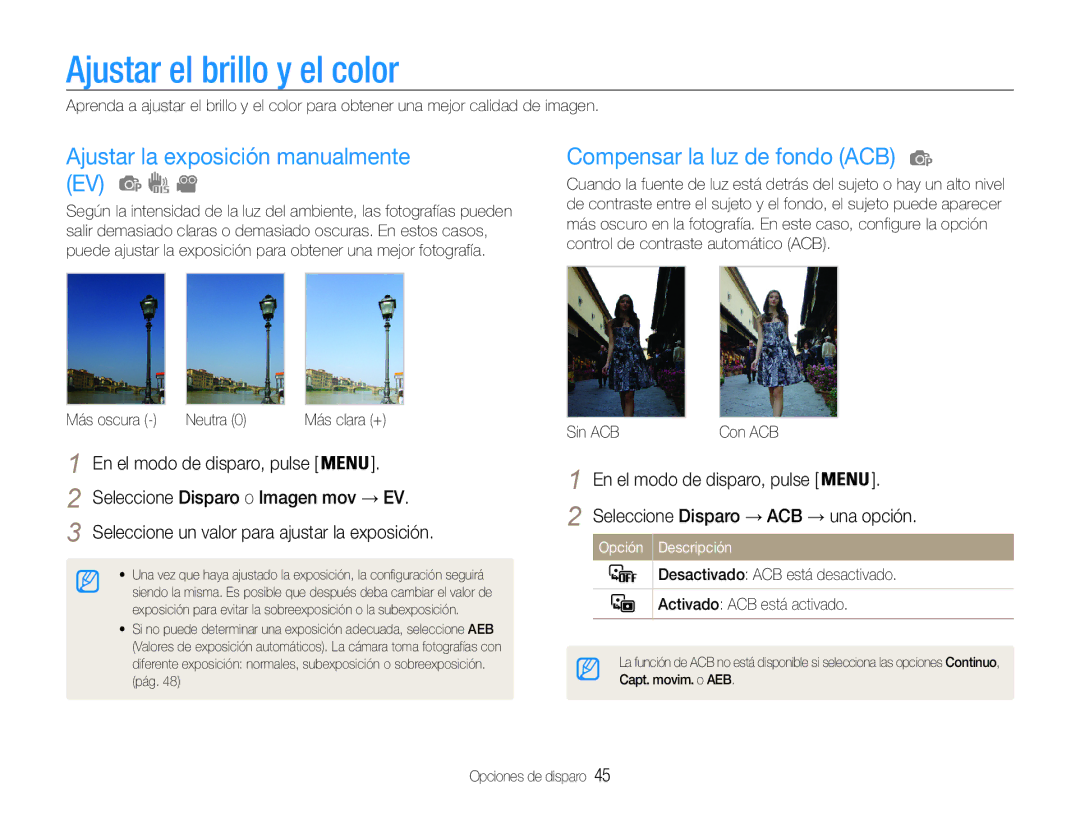 Samsung EC-ST30ZZBPLE1 Ajustar el brillo y el color, Ajustar la exposición manualmente EV, Compensar la luz de fondo ACB 