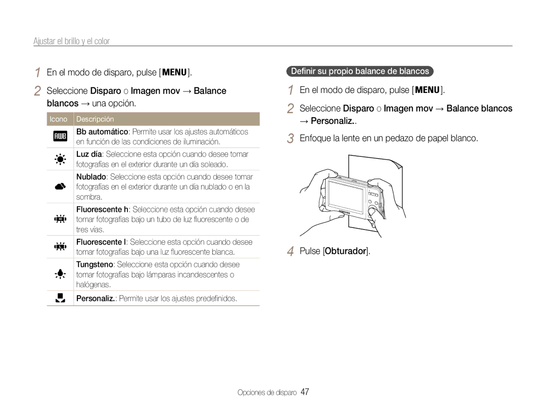 Samsung EC-ST30ZZBPEE1, EC-ST30ZZBPPE1, EC-ST30ZZBPLE1 manual Blancos → una opción, Seleccione Disparo o Imagen mov → Balance 