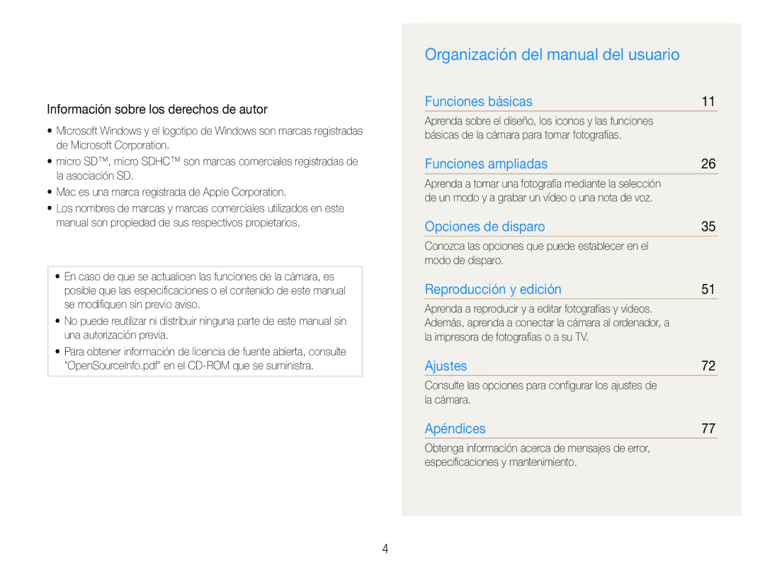 Samsung EC-ST30ZZBPPE1, EC-ST30ZZBPEE1 Organización del manual del usuario, Información sobre los derechos de autor 