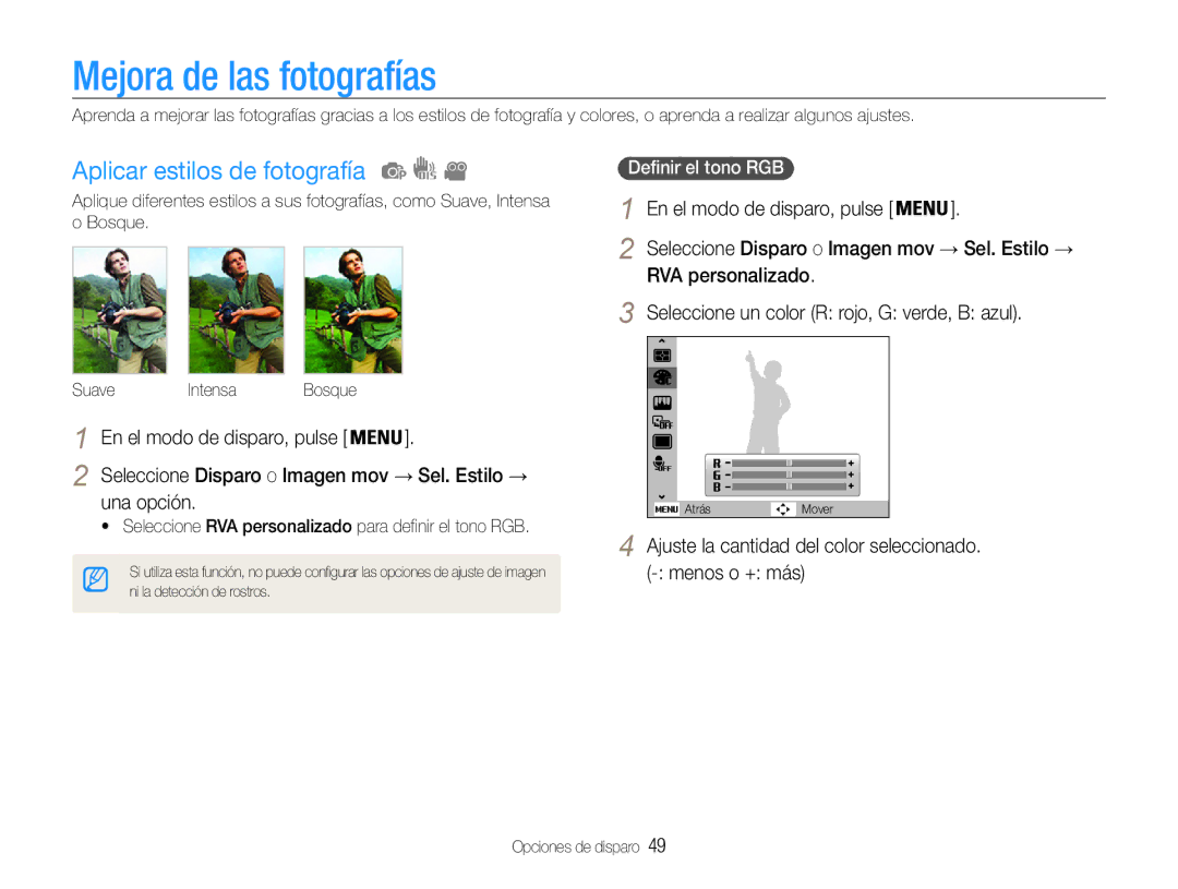 Samsung EC-ST30ZZBPLE1 manual Mejora de las fotografías, Aplicar estilos de fotografía, Una opción, Definir el tono RGB 