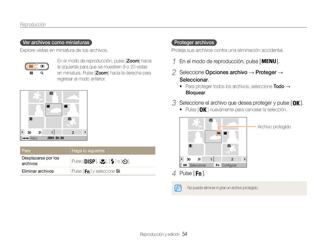 Samsung EC-ST30ZZBPBE1 manual Seleccionar, Ver archivos como miniaturas, Proteger archivos, Para Haga lo siguiente 