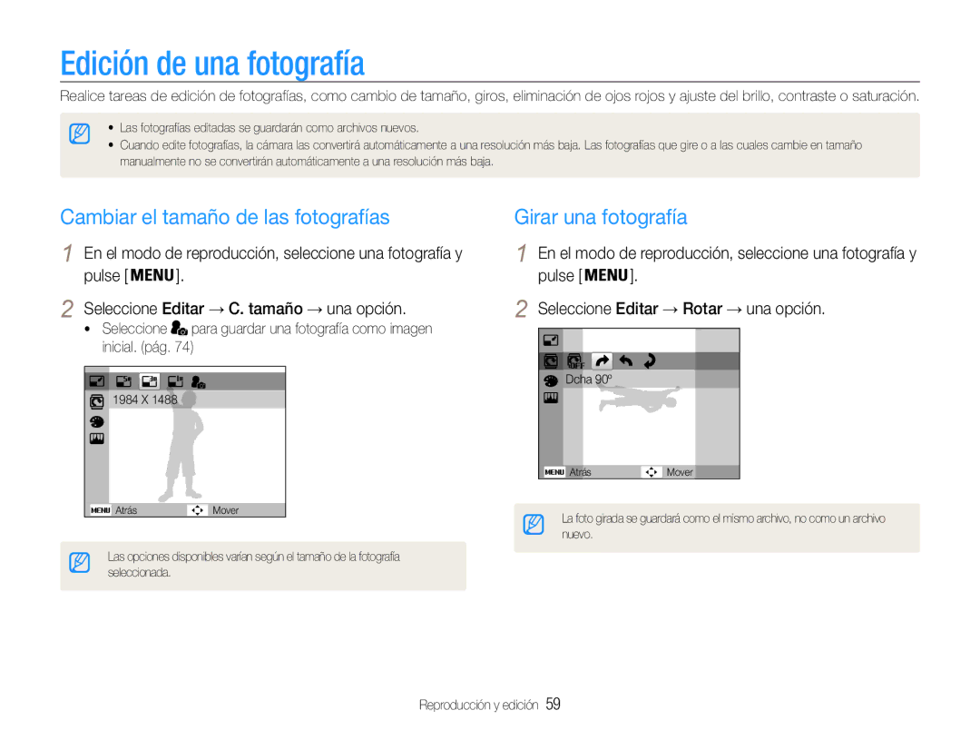 Samsung EC-ST30ZZBPEE1 manual Edición de una fotografía, Cambiar el tamaño de las fotografías, Girar una fotografía 