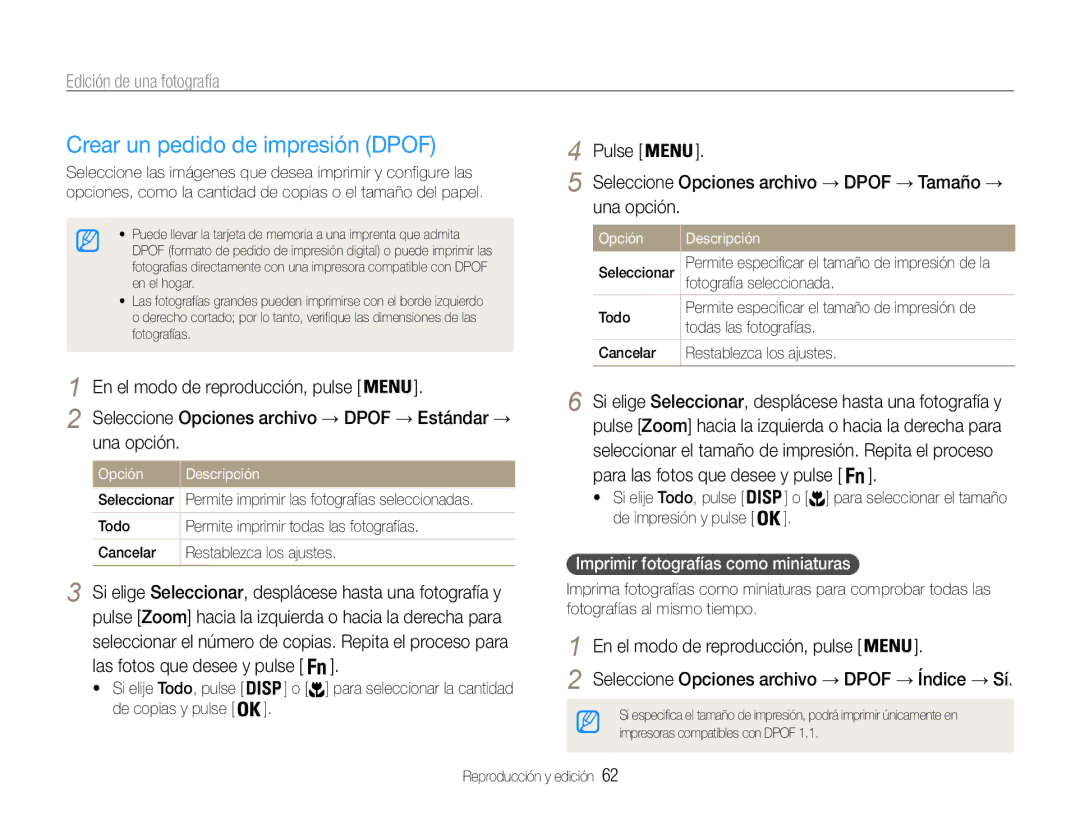 Samsung EC-ST30ZZBPBE1, EC-ST30ZZBPEE1 manual Crear un pedido de impresión Dpof, Imprimir fotografías como miniaturas 