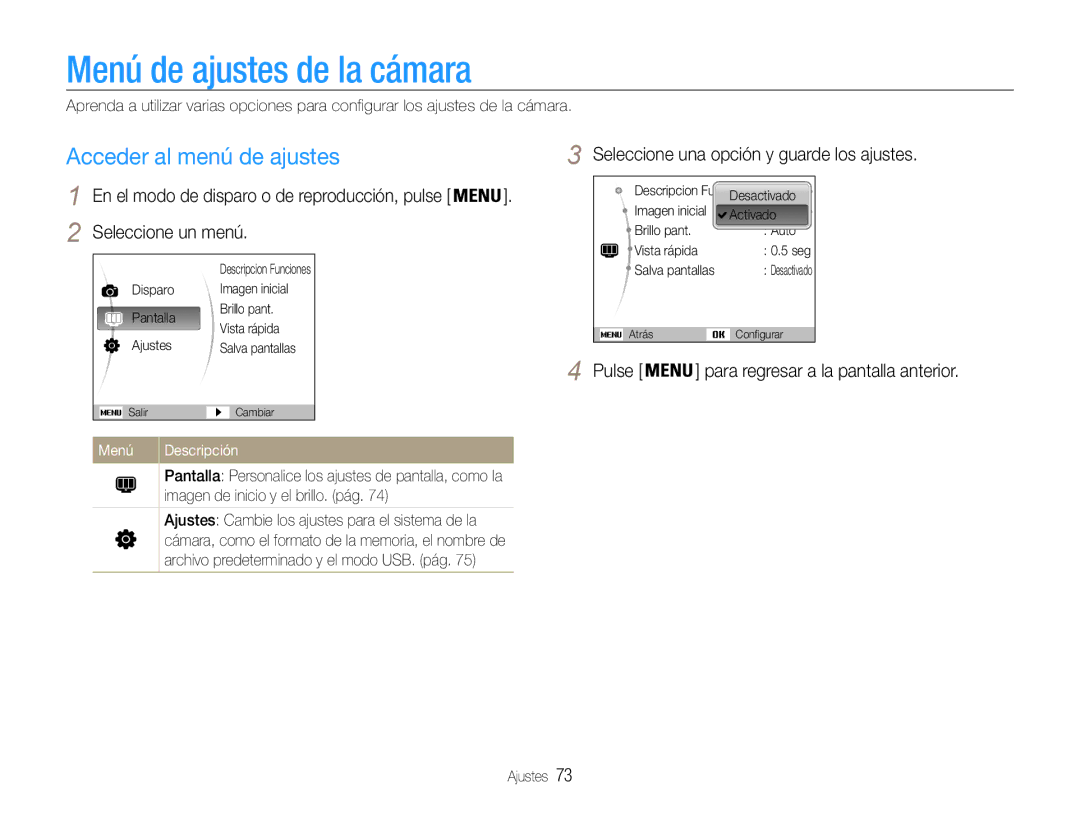 Samsung EC-ST30ZZBPLE1 Menú de ajustes de la cámara, Acceder al menú de ajustes, Seleccione un menú, Menú Descripción 