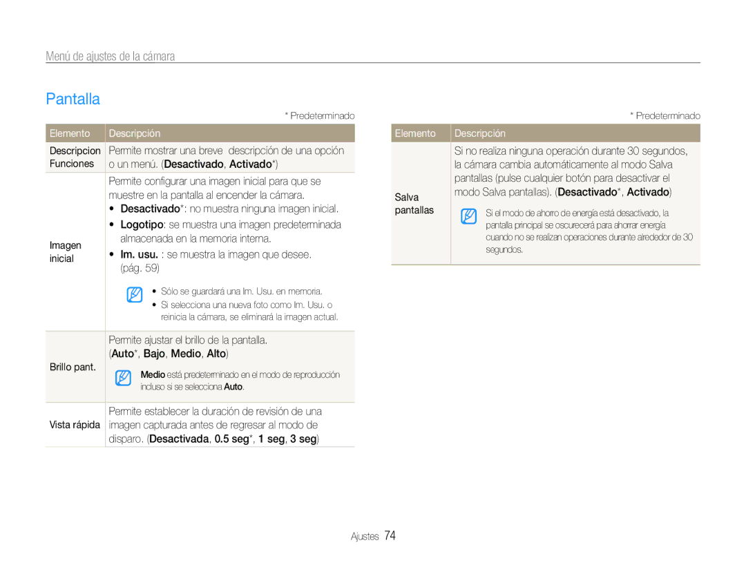 Samsung EC-ST30ZZBPBE1, EC-ST30ZZBPEE1, EC-ST30ZZBPPE1 manual Pantalla, Menú de ajustes de la cámara, Elemento Descripción 