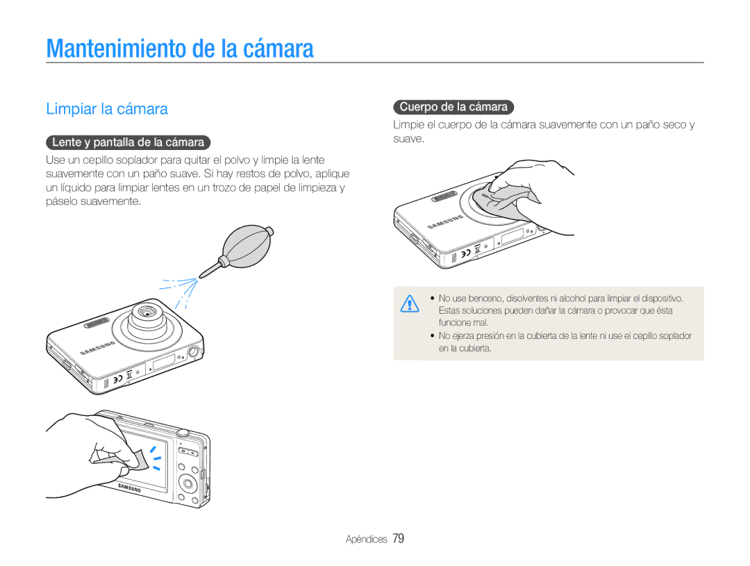 Samsung EC-ST30ZZBPEE1 Mantenimiento de la cámara, Limpiar la cámara, Lente y pantalla de la cámara, Cuerpo de la cámara 