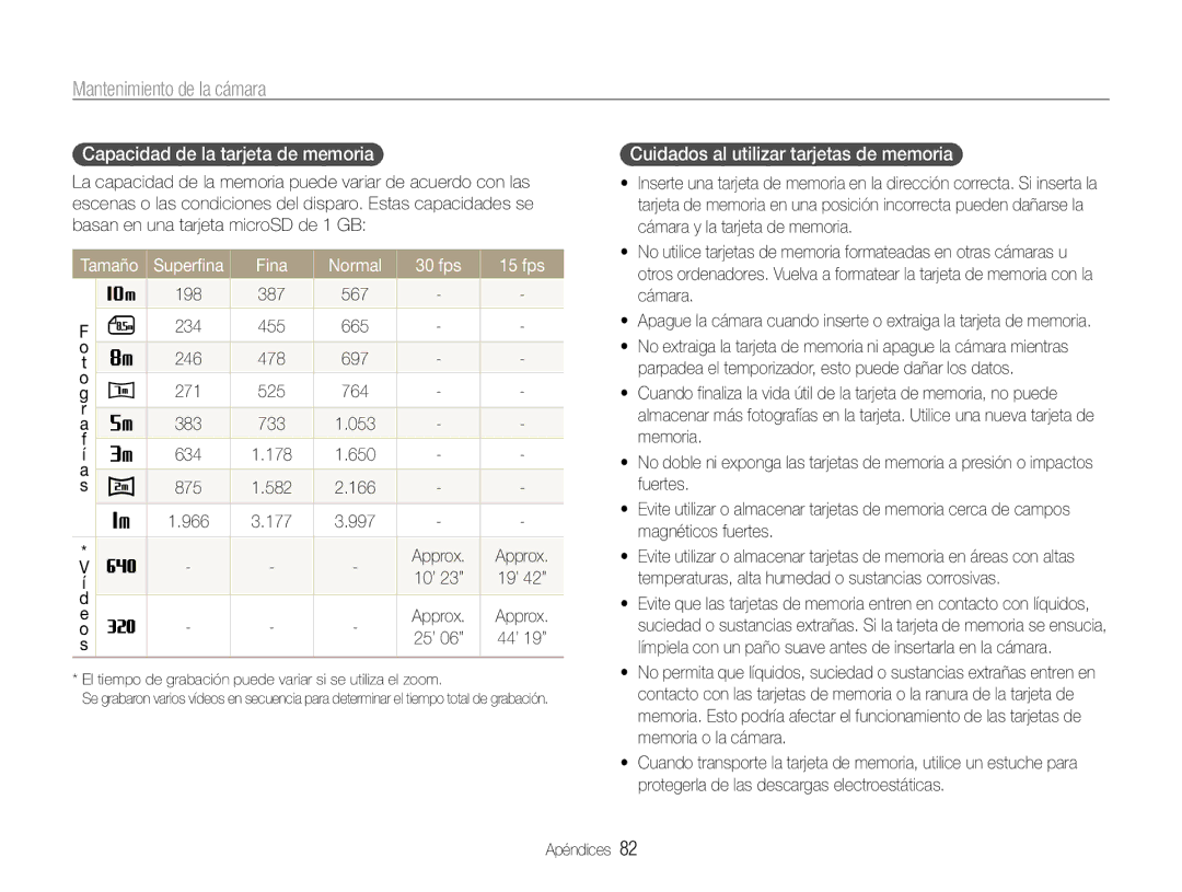 Samsung EC-ST30ZZBPBE1 manual Capacidad de la tarjeta de memoria, Cuidados al utilizar tarjetas de memoria, 198 387 567 