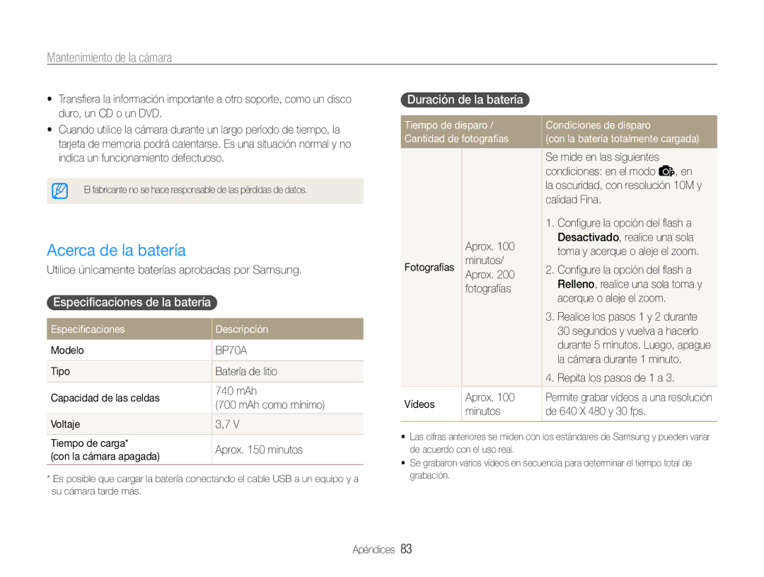 Samsung EC-ST30ZZBPEE1, EC-ST30ZZBPPE1 manual Acerca de la batería, Especificaciones de la batería, Duración de la batería 