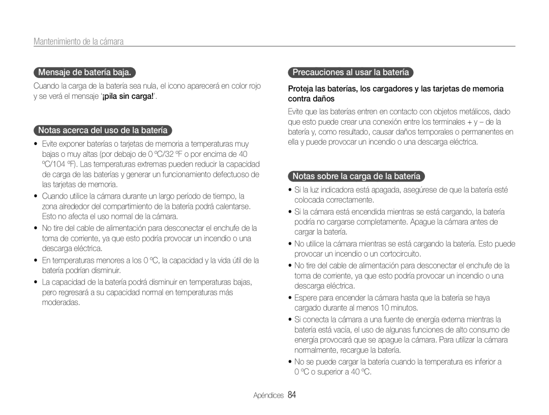 Samsung EC-ST30ZZBPPE1 manual Mensaje de batería baja, Notas acerca del uso de la batería, Precauciones al usar la batería 